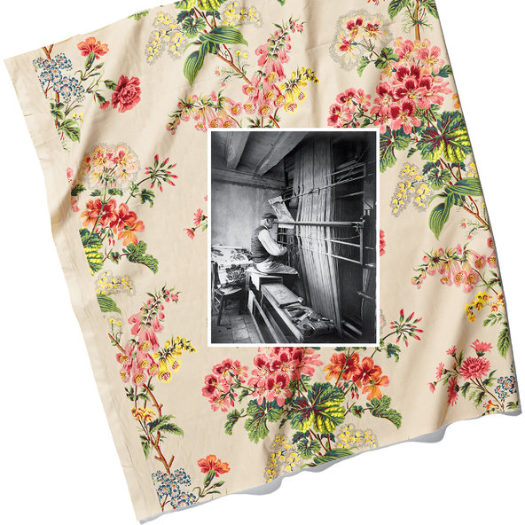 Le Manach’s Palmyre fabric, first printed in 1931 and still available today; a weaver at work in the 1930s on a hand loom that is still in use today.