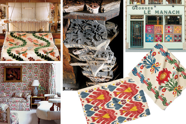 Clockwise from top left: a hand-woven ciselé velvet, which Le Manach has produced since 1909; wood blocks for printing fabrics; Le Manach’s former Paris showroom, which opened in 1925 near the Palais Garnier; the house’s Victor Hugo and Galigai fabrics; the library in Lee Radziwill’s New York apartment, with Le Manach’s Les Éléphants fabric on the walls, curtains and sofa.